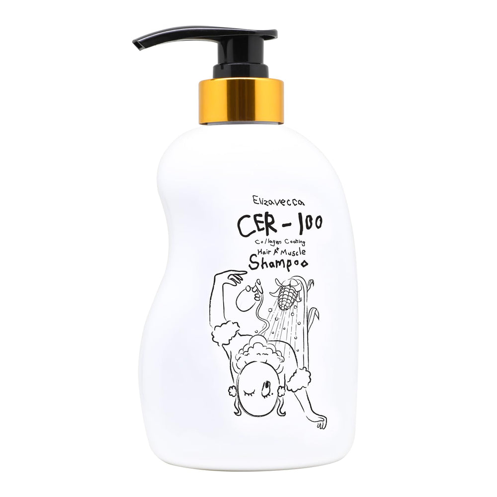 Elizavecca CER-100 shampoo bottle front with collagen formula for nourished hair