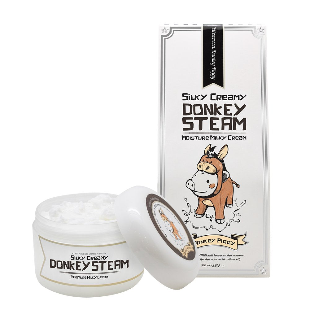Elizavecca Donkey Steam Milky Cream packaging shows premium design for all skin types.
