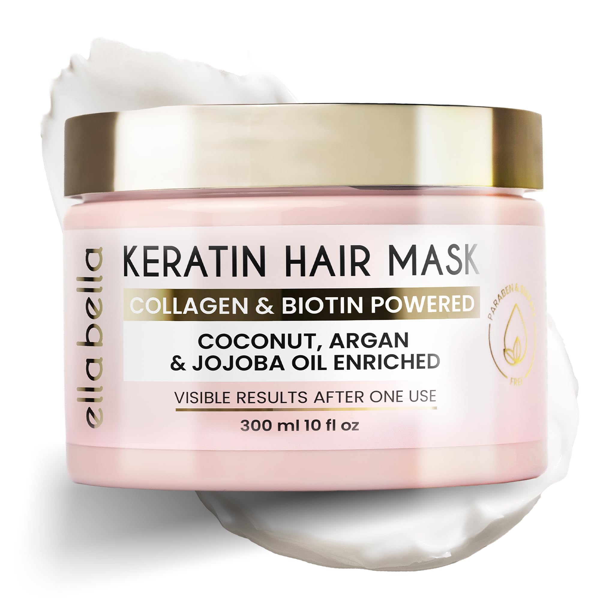 Ella Bella keratin hair mask jar close-up showing rich conditioning.