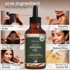 Ella & Eden argan oil glass bottle close-up highlighting purity