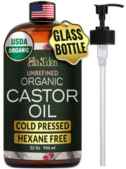 Ella & Eden castor oil bottle with pump for easy, mess-free dispensing.