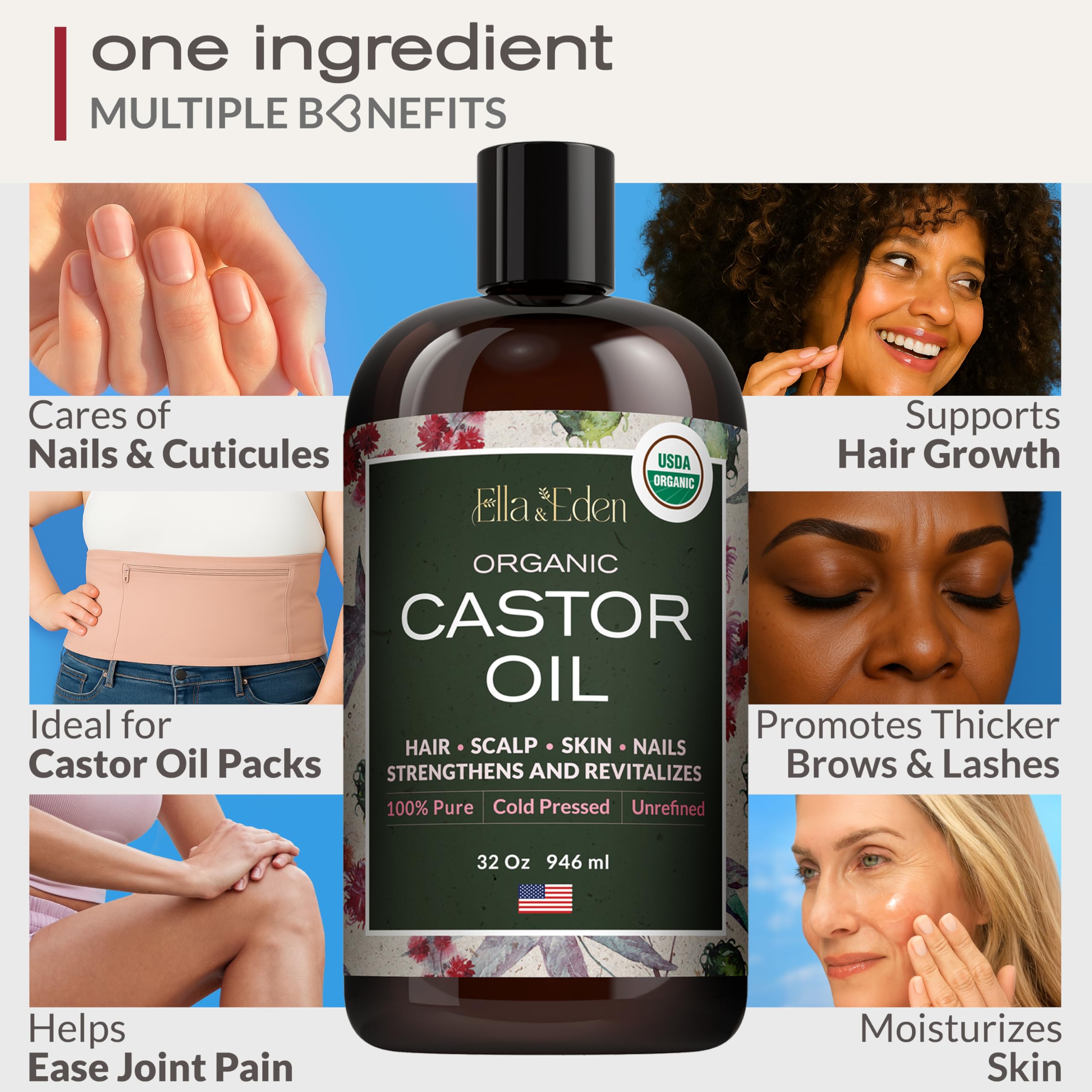 Ella & Eden castor oil enhances lash and brow care for natural fullness.
