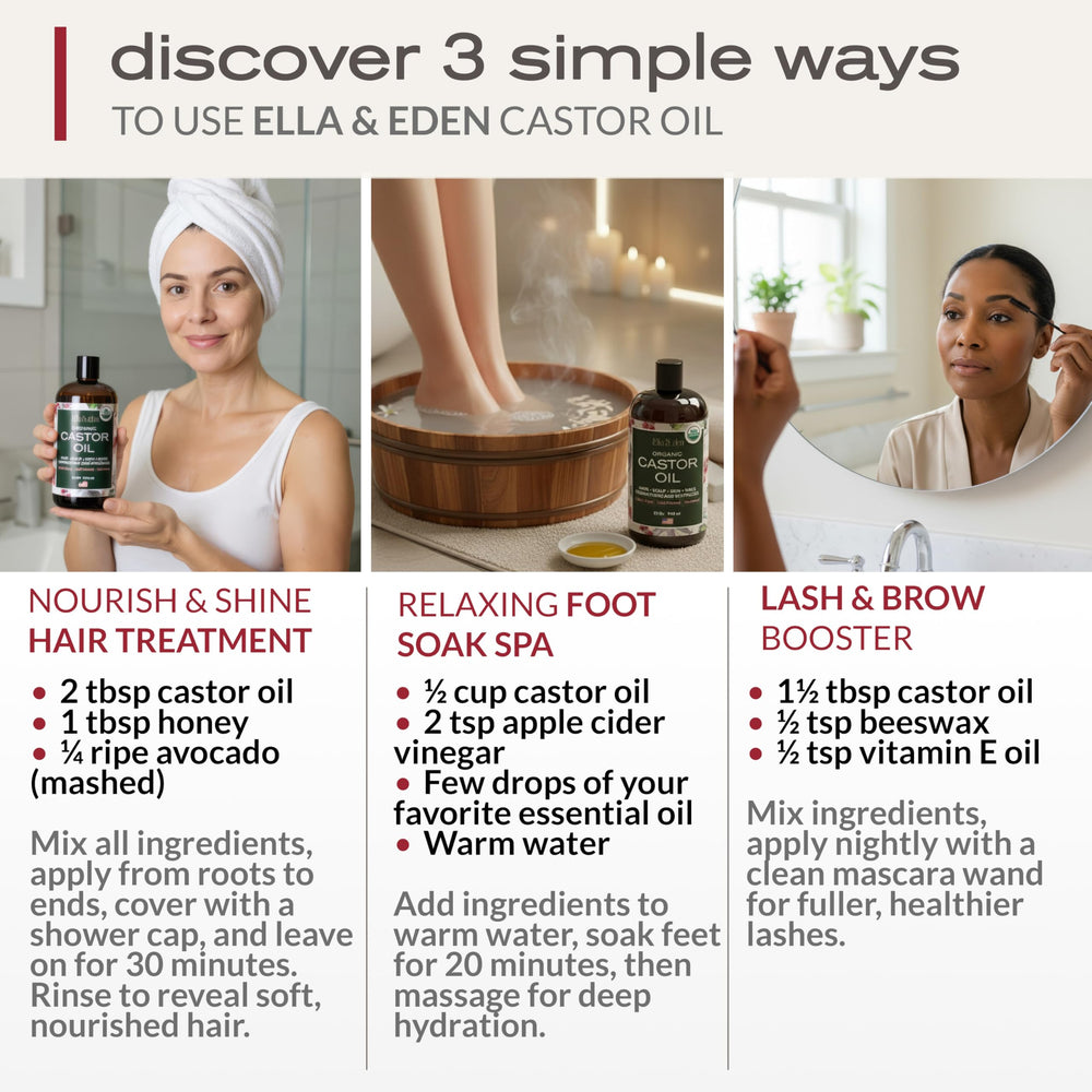 Ella & Eden castor oil supports soothing skin moisturization around elbows and knees.