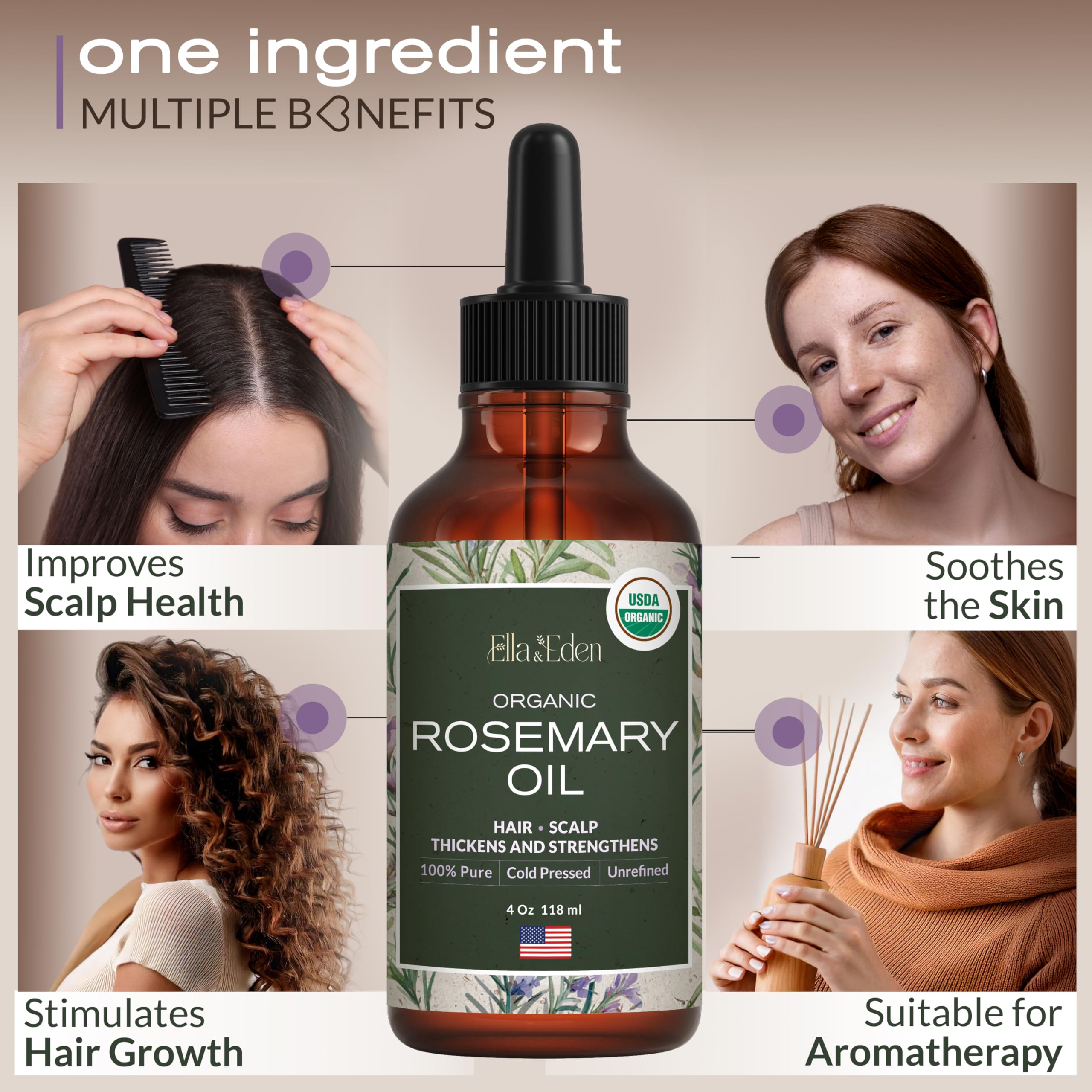 Close-up of Ella & Eden label highlighting pure steam-distilled oil.