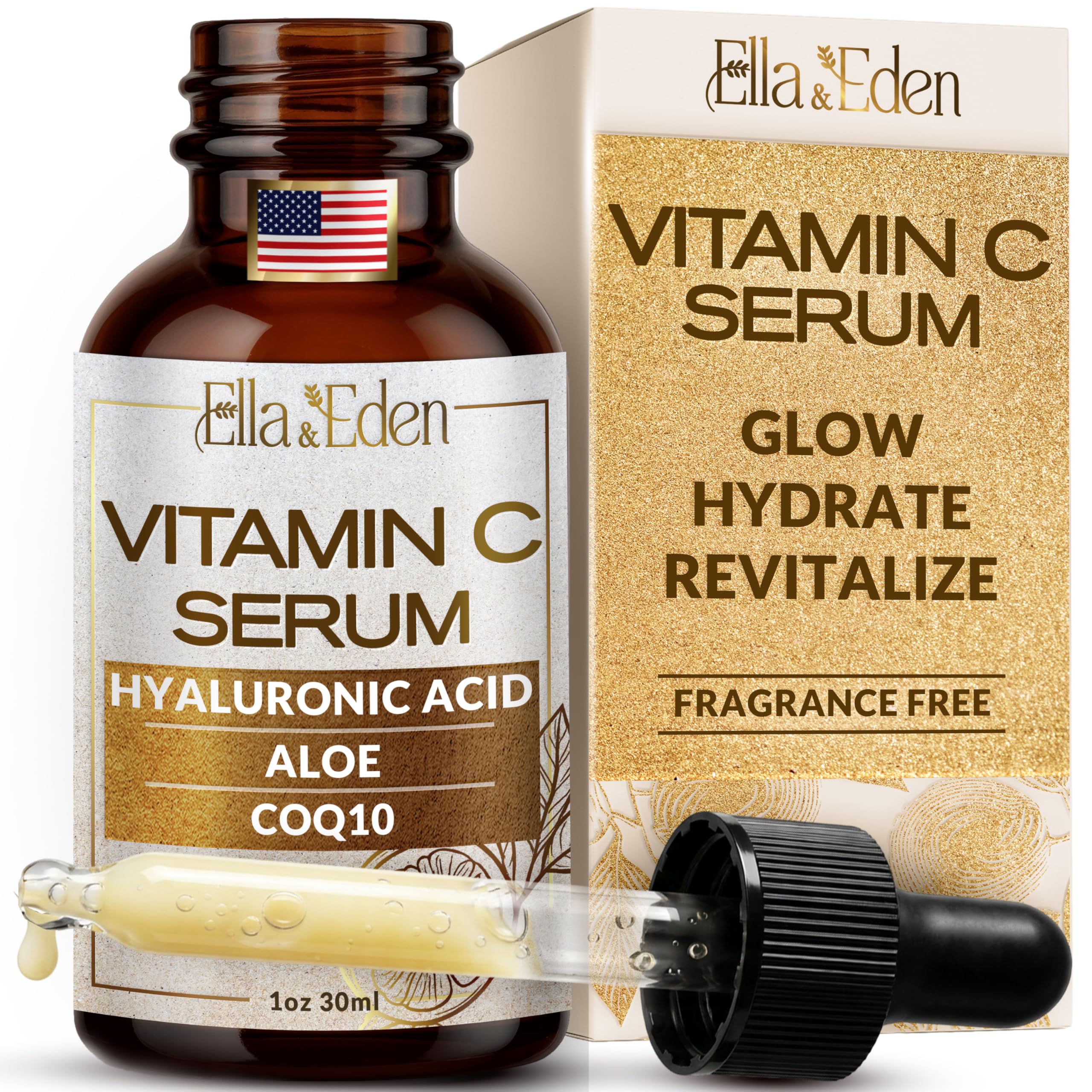 Ella and Eden Vitamin C Serum bottle closeup showing lightweight formula for daily glow