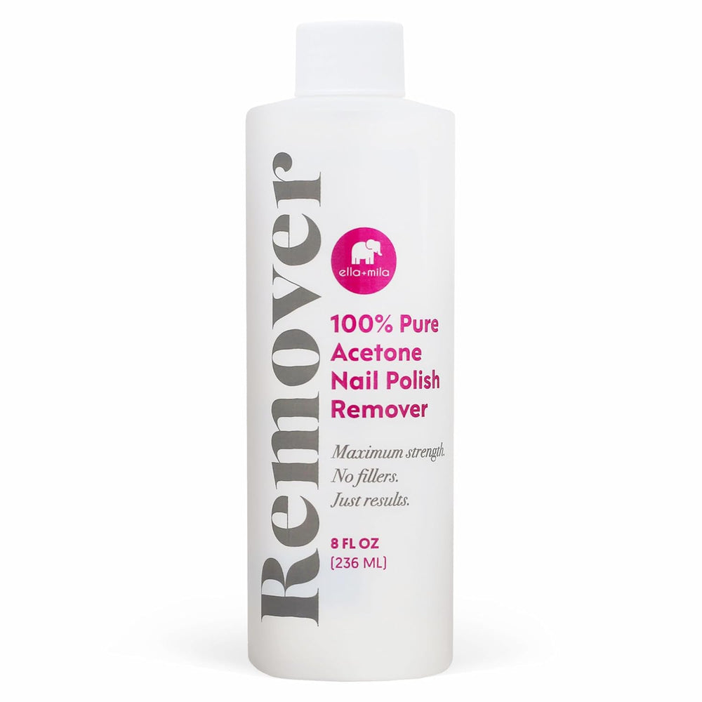 Ella+Mila 100% acetone remover bottle for quick gel and glitter polish removal at home.