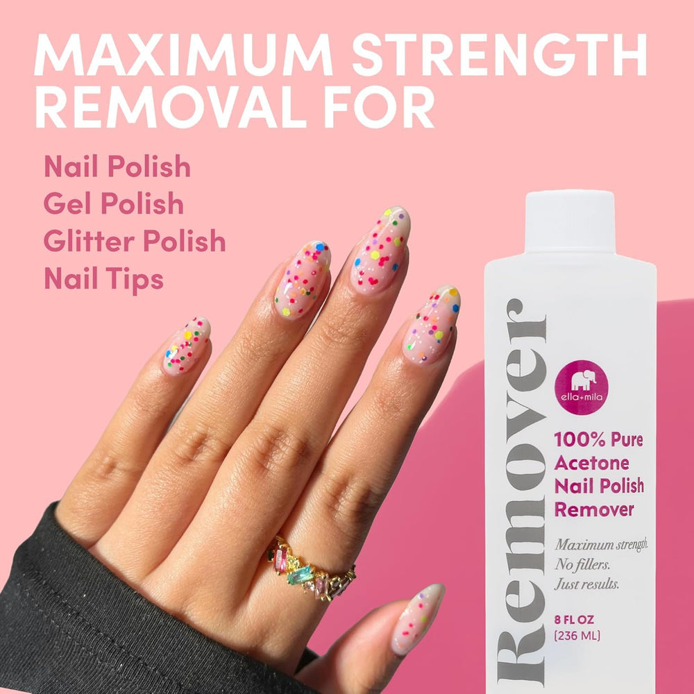 Ella+Mila acetone remover for acrylic removal, prepping nails for a fresh manicure.