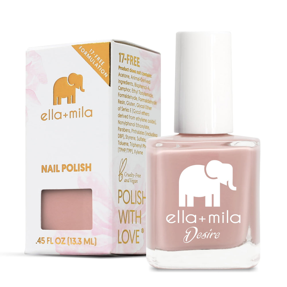 ella+mila Desert Suede bottle showing quick-dry pink polish for busy days