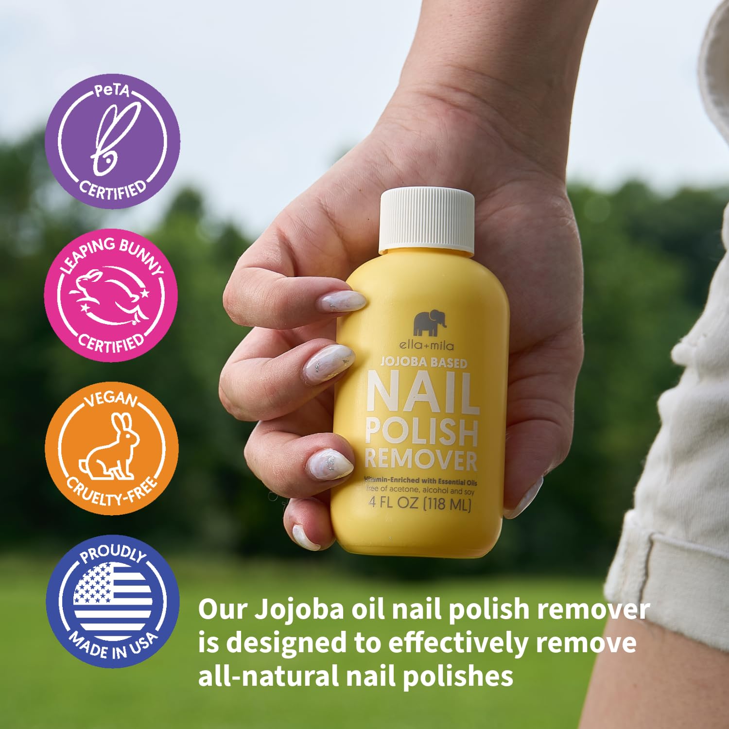 ella+mila Jojoba Nail Polish Remover close up of nails during removal