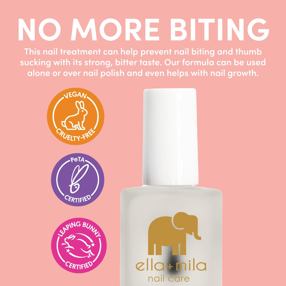 Label detail on ella-mila No More Biting Nail Polish communicates kid-friendly protection.