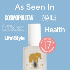 Packaging for ella-mila No More Biting Nail Polish highlights a safe, non-toxic formula.