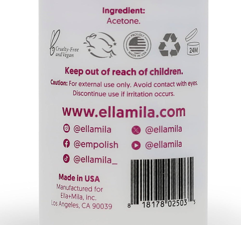 Ella+Mila pure acetone for gel removal, softening tough layers with ease.
