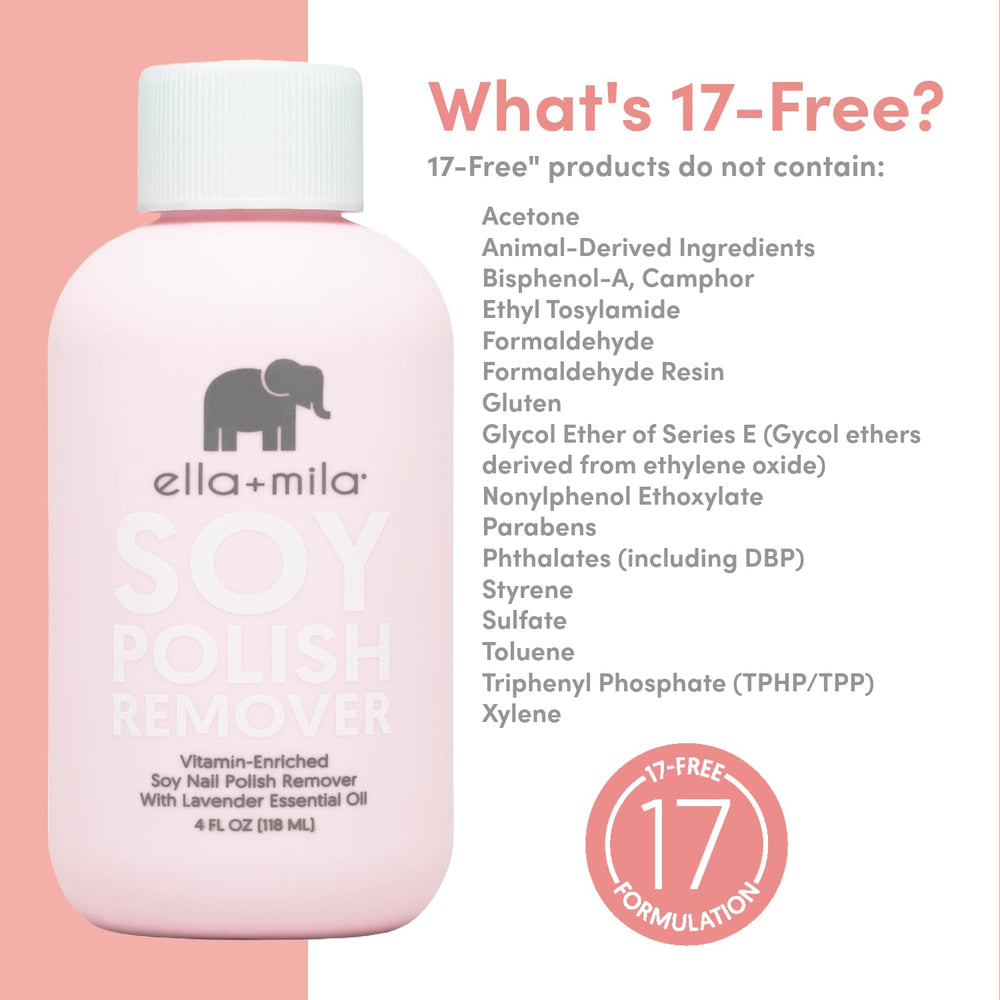 ella-mila remover applied to cotton pad with a 30-second press on the nail.