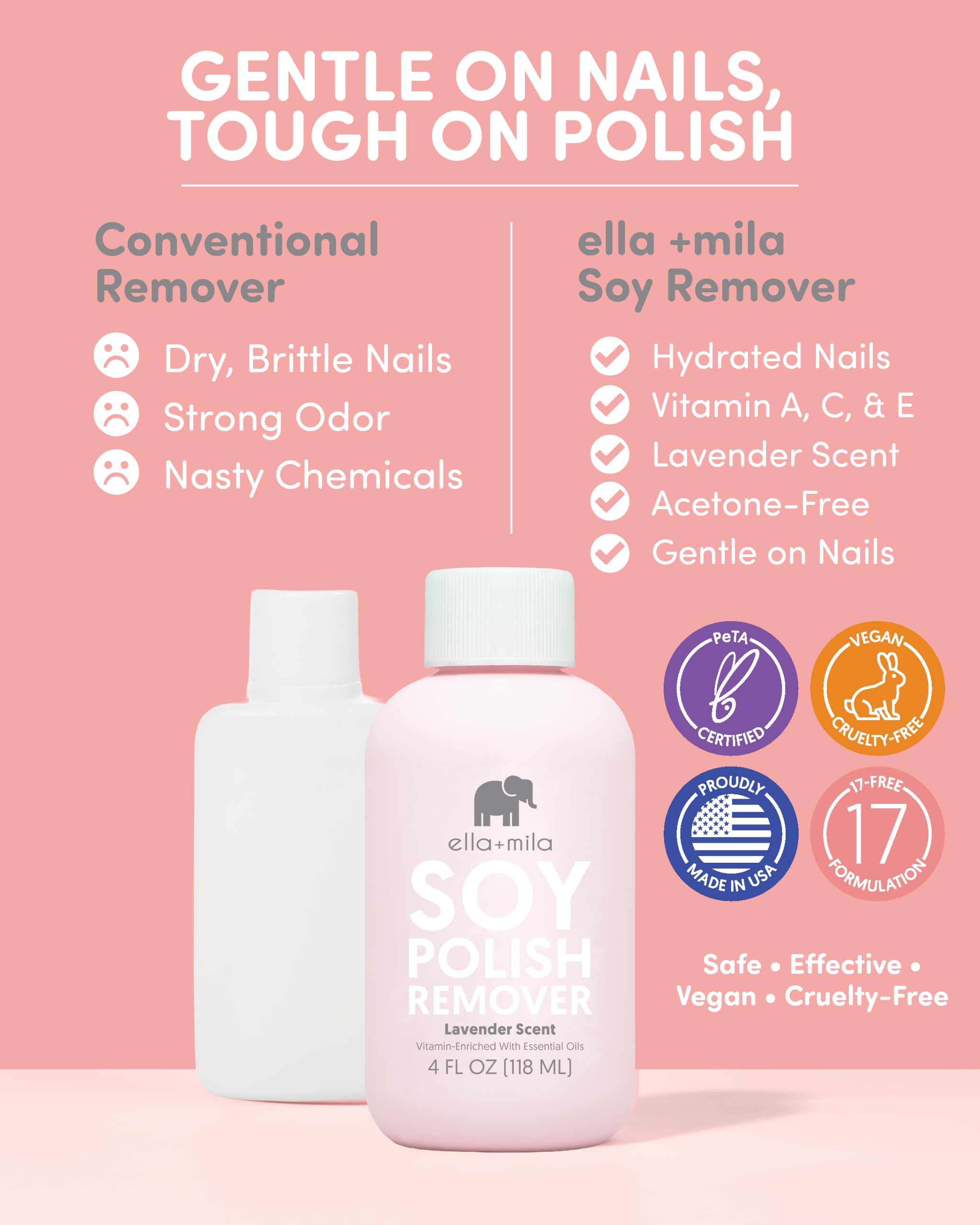 ella-mila remover with lavender oil offers calming scent during polish removal.
