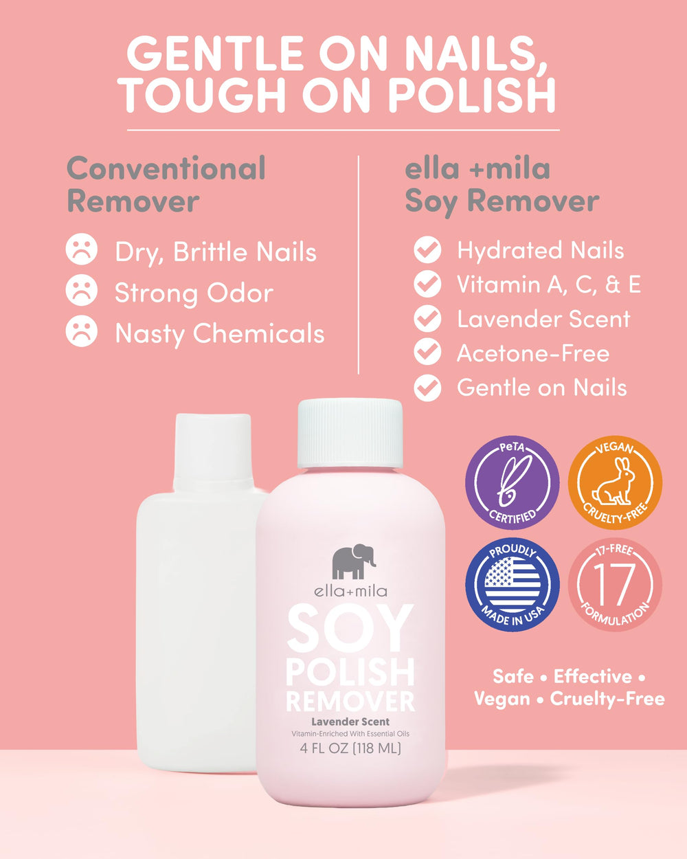 ella-mila remover with lavender oil offers calming scent during polish removal.