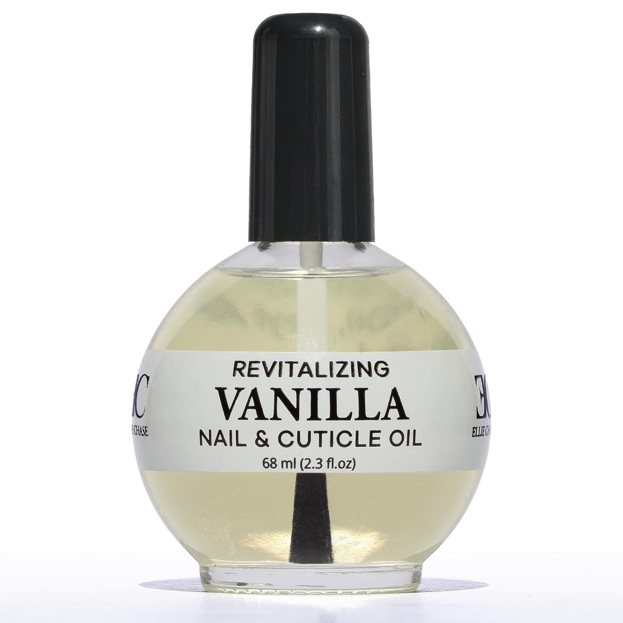 Ellie Chase bottle with vanilla oil front showing a lightweight cuticle care oil