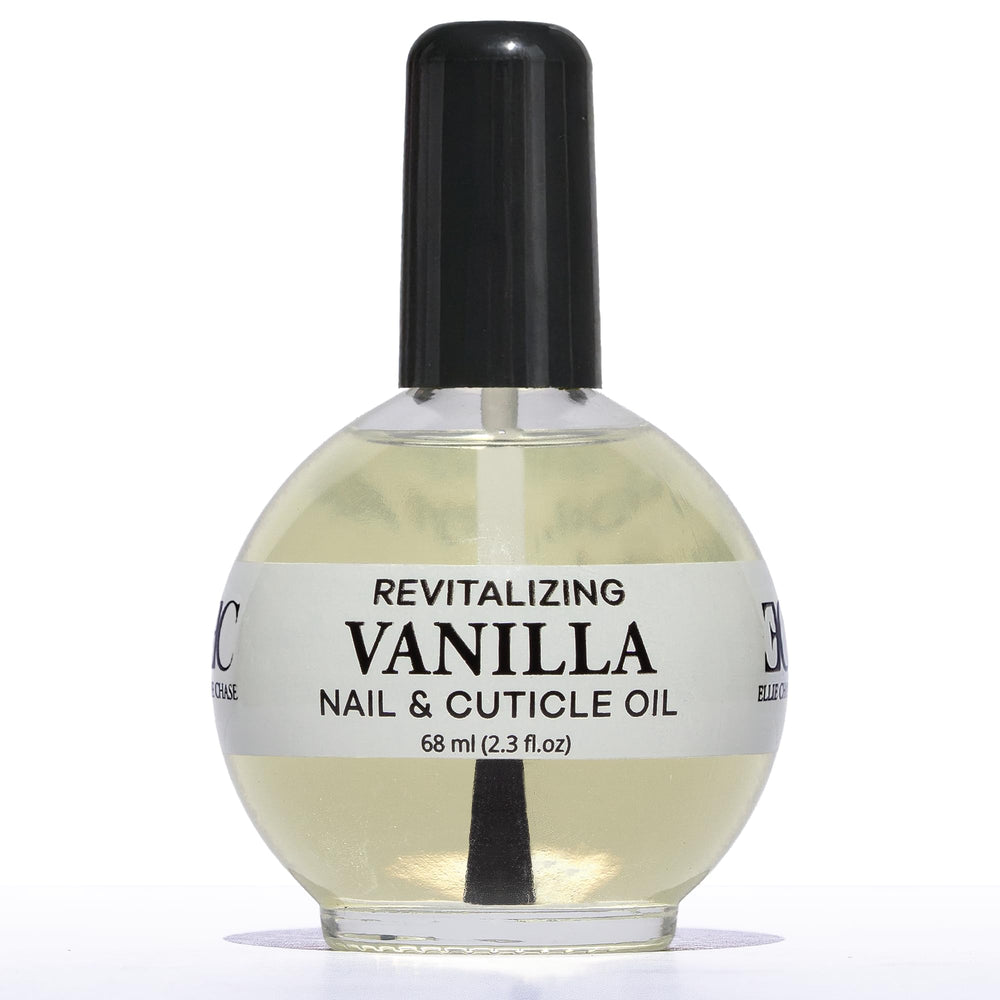 Ellie Chase bottle with vanilla oil front showing a lightweight cuticle care oil