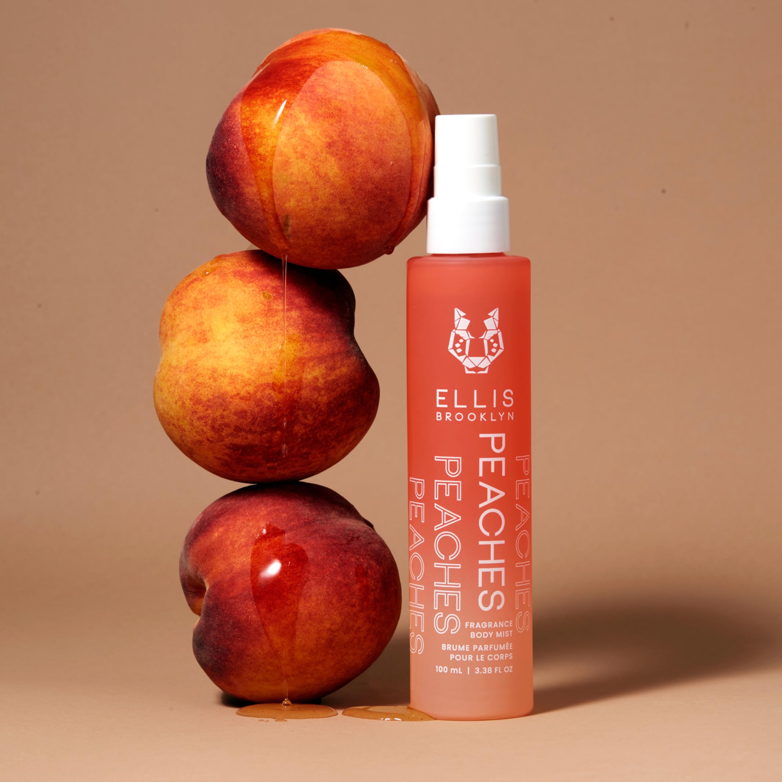 Ellis Brooklyn PEACHES fragrance mist packaging highlights vegan cruelty-free branding for conscious shoppers