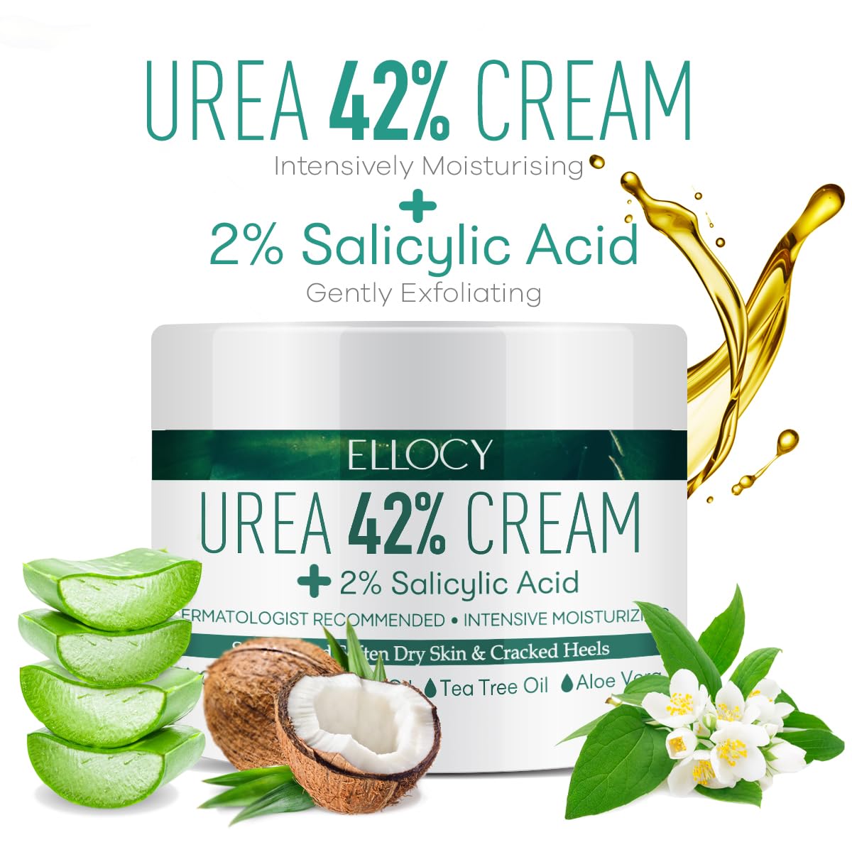 Ellocy Urea 40% foot cream label featuring Tea Tree Oil for soothing effects