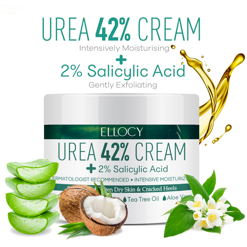 Ellocy Urea 40% foot cream label featuring Tea Tree Oil for soothing effects