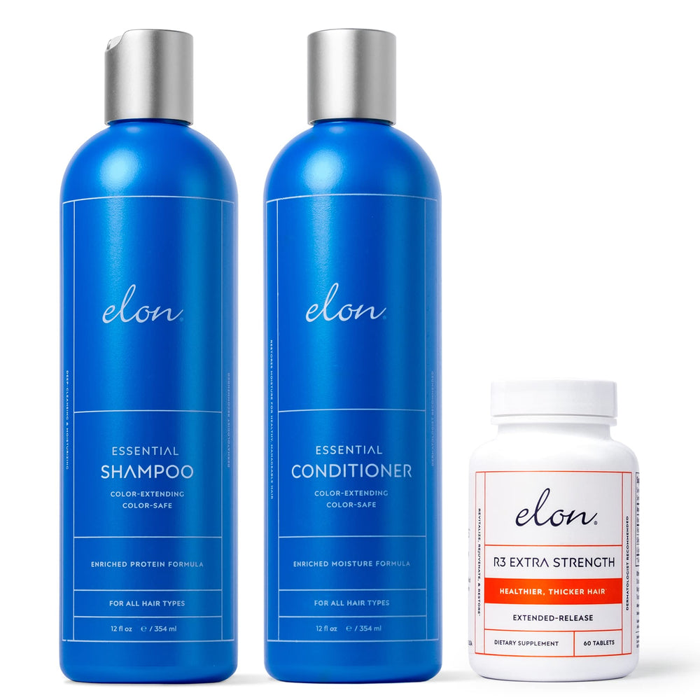 Elon Complete Care Kit shampoo bottle close-up showing gentle cleansing for thinning hair