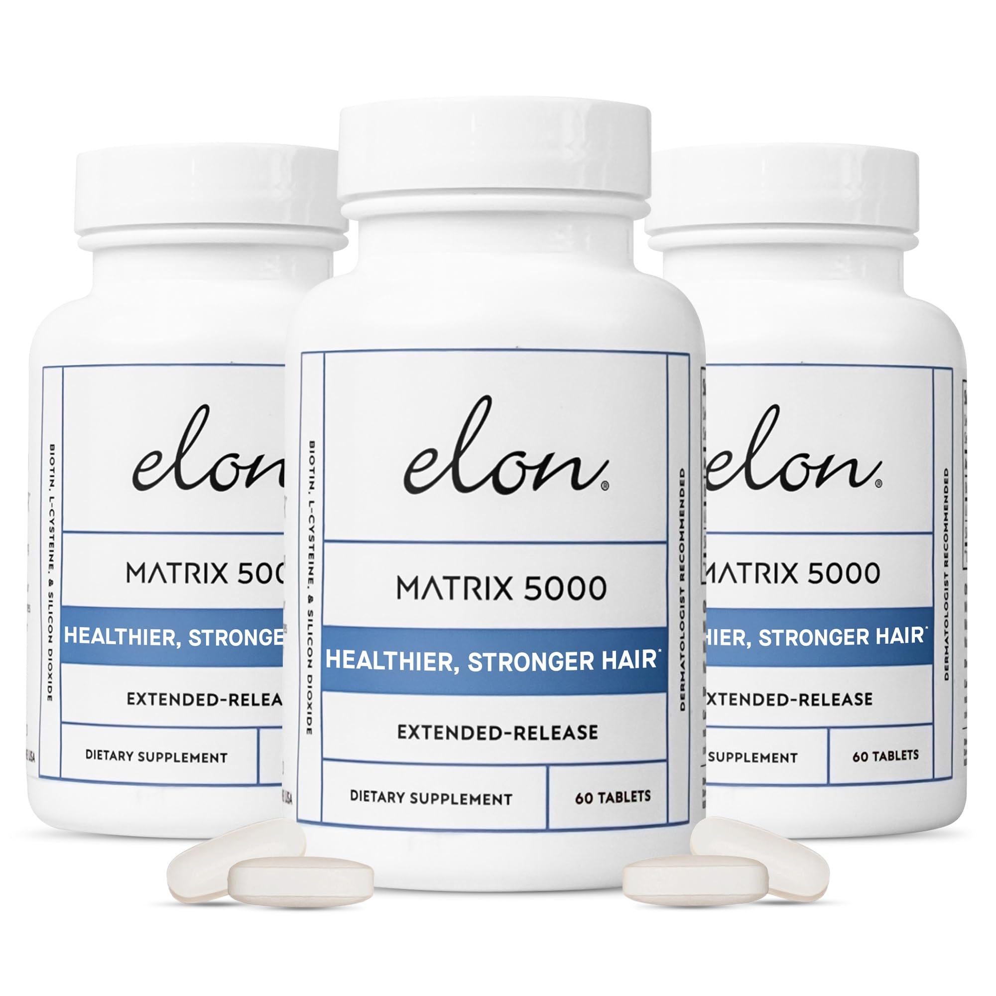 Elon Matrix 5000 bottle front view, clear branding, biotin support for hair
