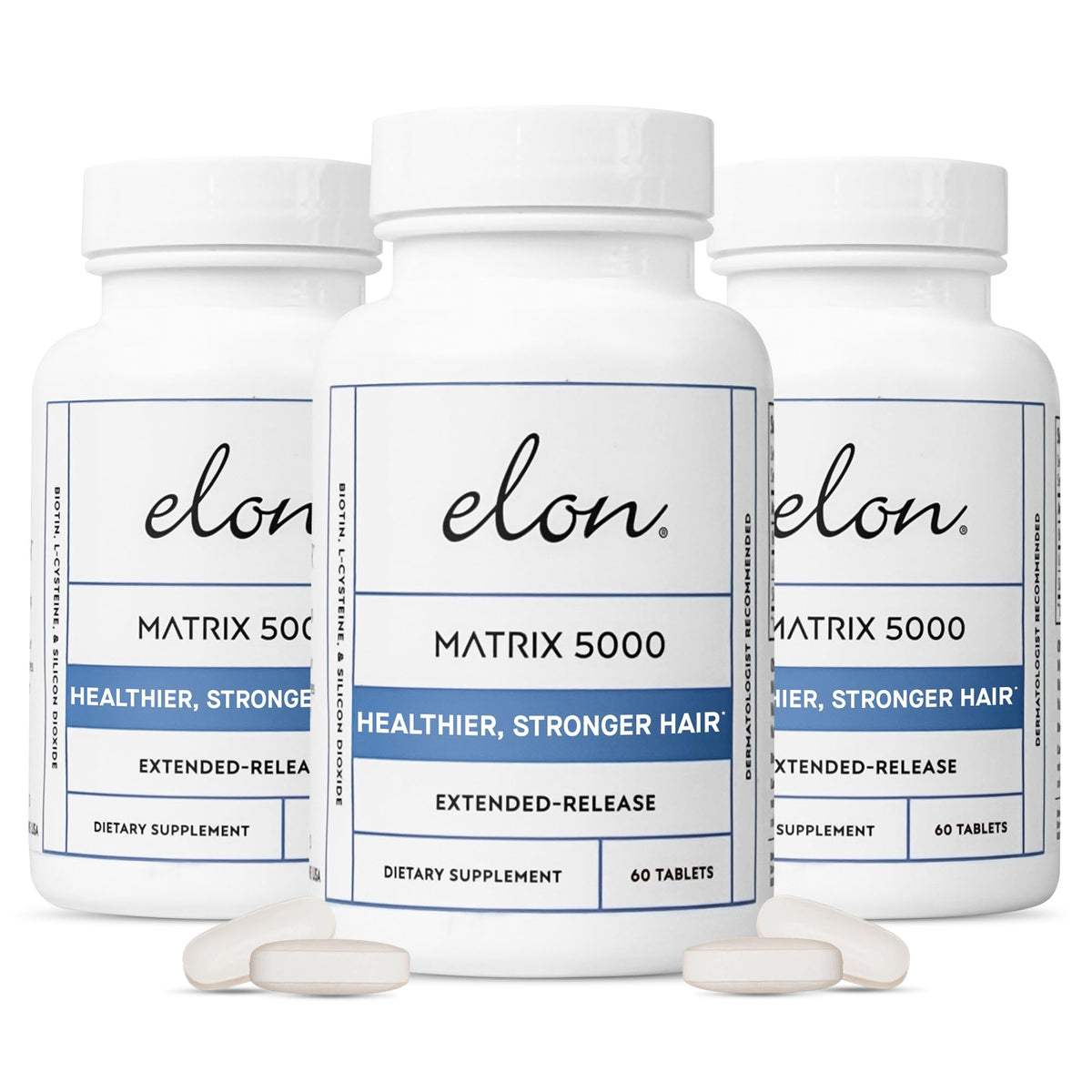 Elon Matrix 5000 bottle front view, clear branding, biotin support for hair