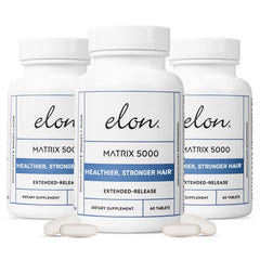 Elon Matrix 5000 bottle front view, clear branding, biotin support for hair