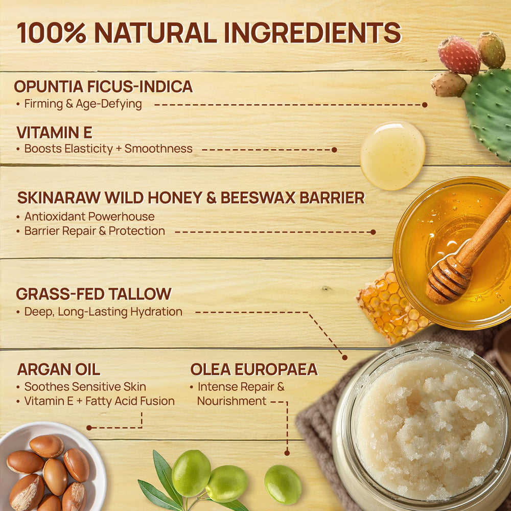 Elrisme balm ingredients panel highlights grass-fed tallow and raw honey for nourishment.