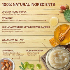 Elrisme balm ingredients panel highlights grass-fed tallow and raw honey for nourishment.