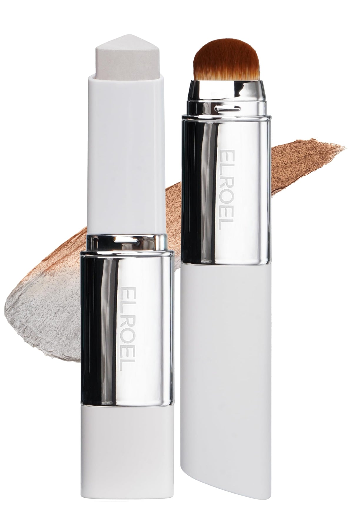 ELROEL Blanc Cover Stick V White bottle shows color-changing foundation for seamless complexion.