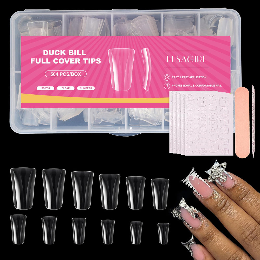 ELSAGIRL 504Pcs Duck Nail Tips Full Cover for natural look and easy application.