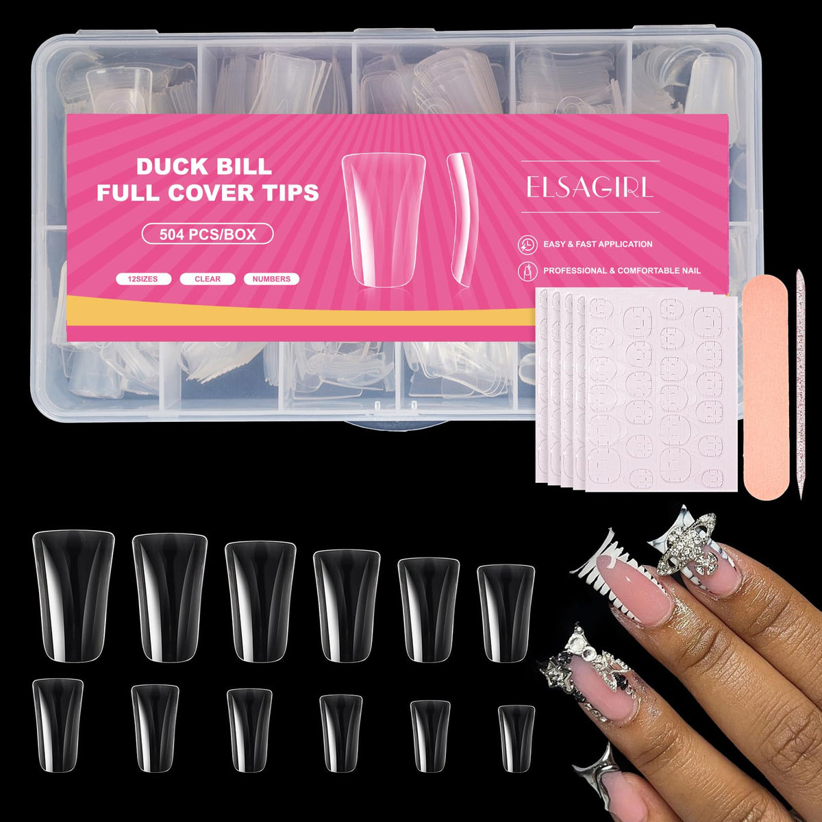 ELSAGIRL 504Pcs Duck Nail Tips Full Cover for natural look and easy application.