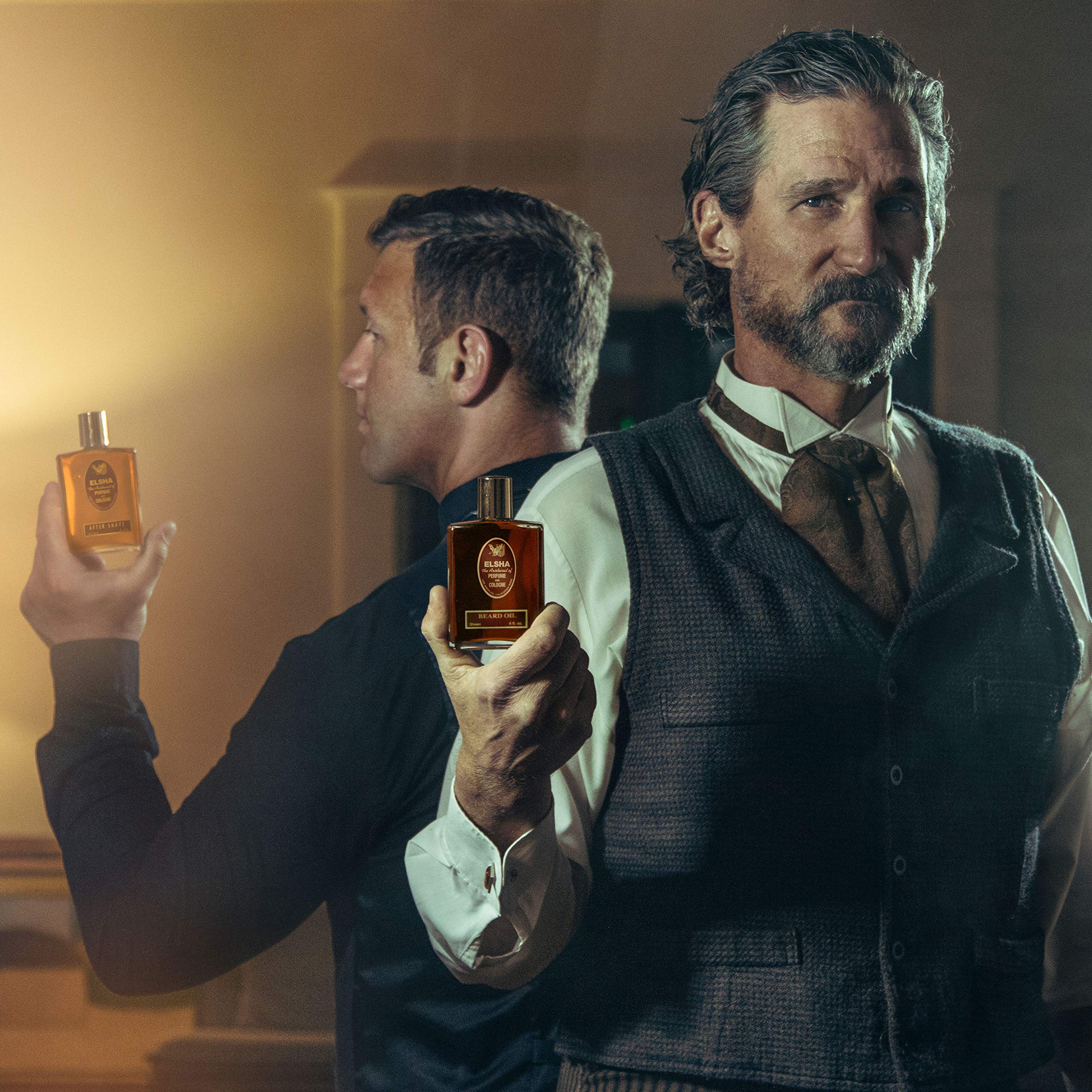 ELSHA 1776 aftershave on wood shelf evokes timeless American heritage and style