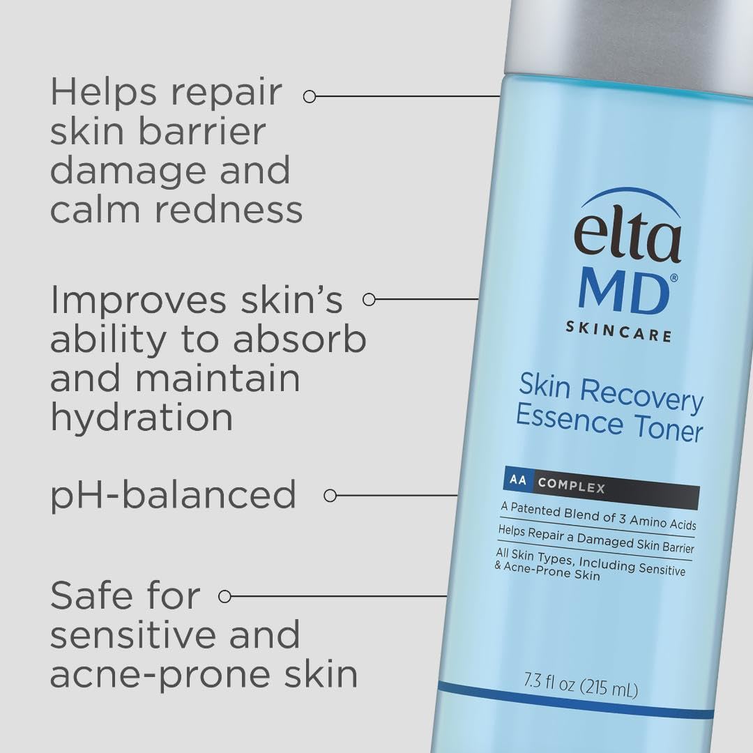 EltaMD Skin Recovery Essence Toner applied to the face for soothing hydration.