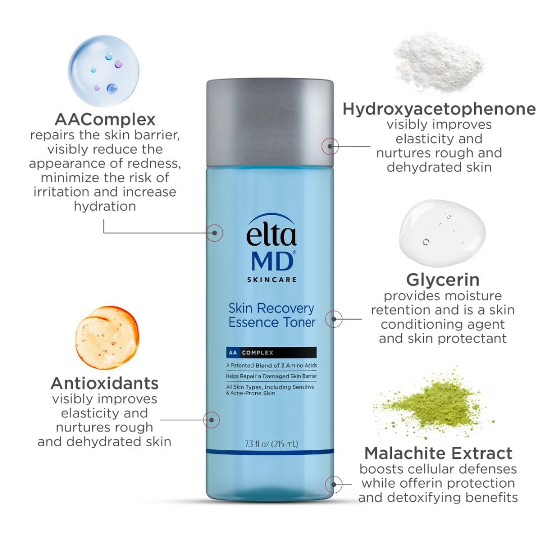 Droplets on skin after applying EltaMD Skin Recovery Essence Toner for refreshing feel.