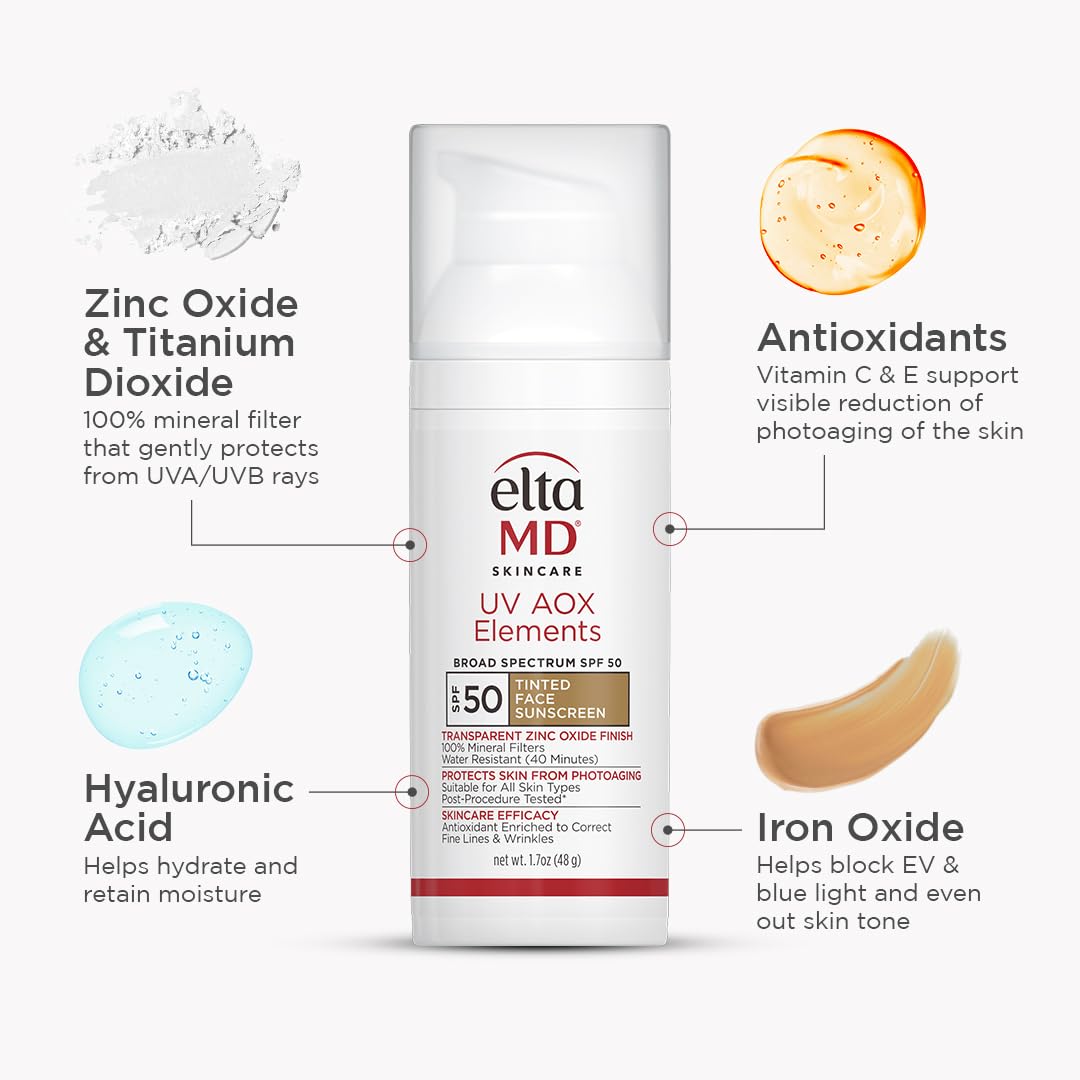EltaMD UV AOX Elements SPF 50 label on a bottle with tint.