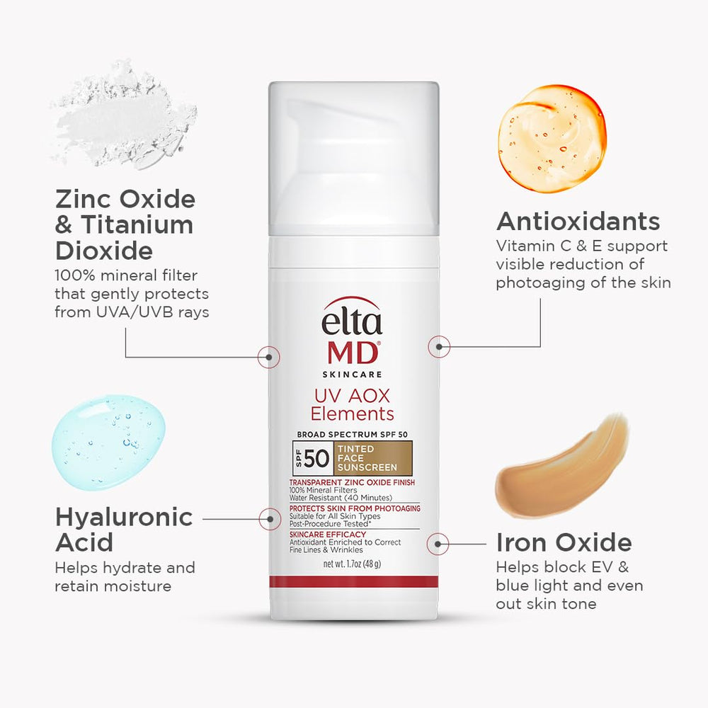 EltaMD UV AOX Elements SPF 50 label on a bottle with tint.