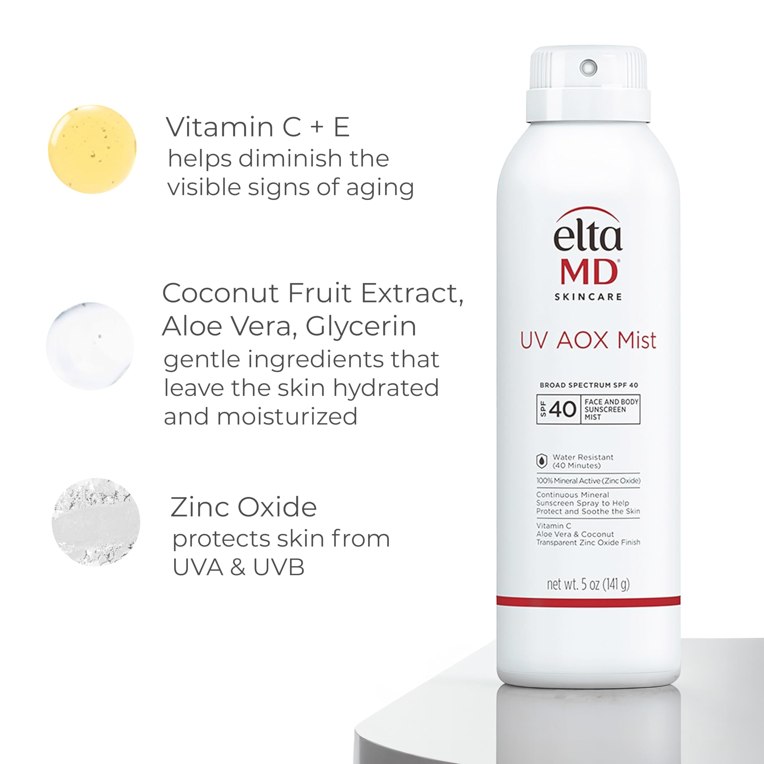 EltaMD UV AOX Mist with aloe vera and vitamin E soothes skin.