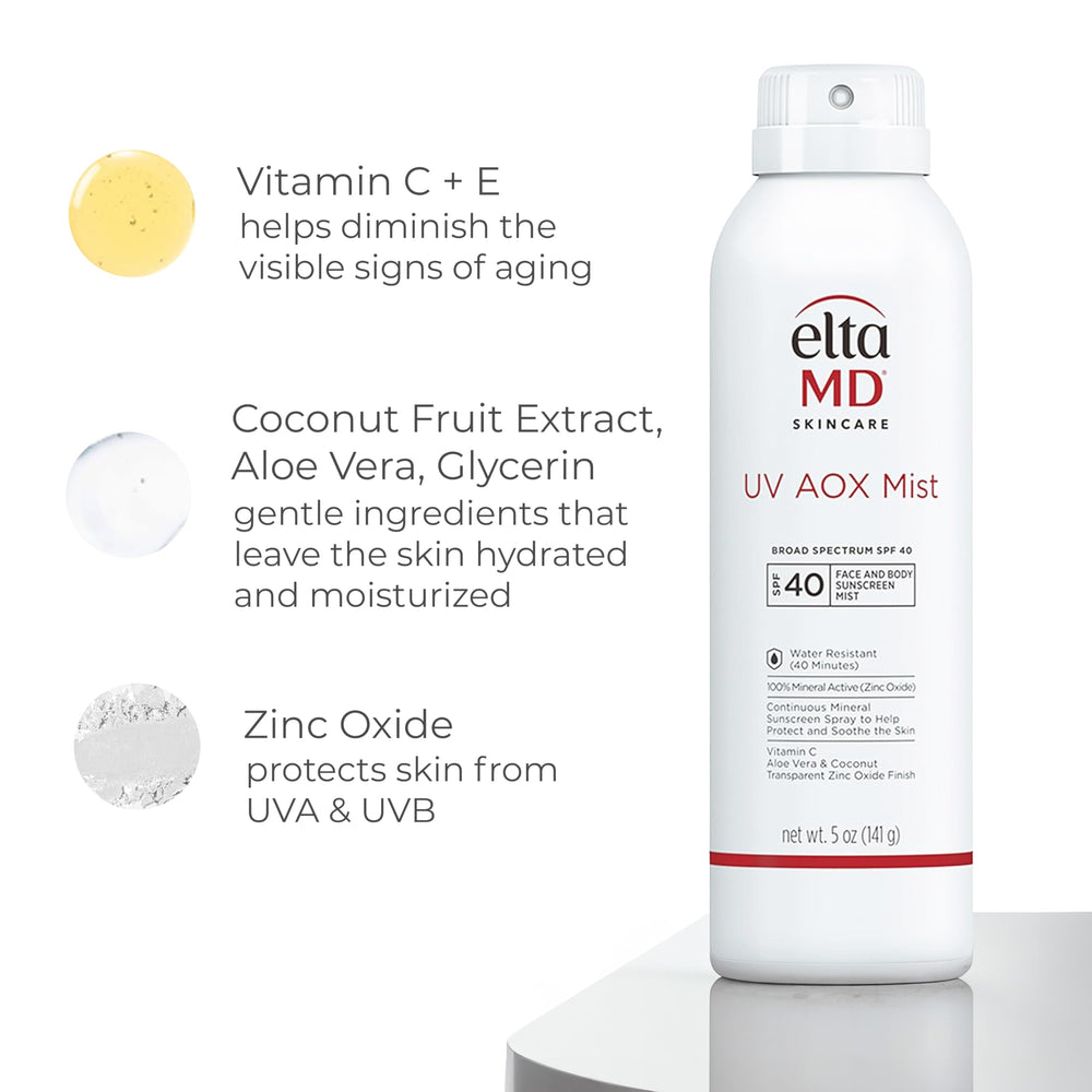 EltaMD UV AOX Mist with aloe vera and vitamin E soothes skin.