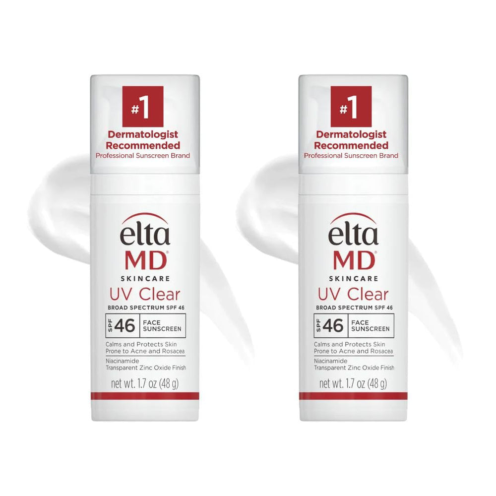 EltaMD UV Clear bottle front shows SPF 46 with a non-greasy finish.