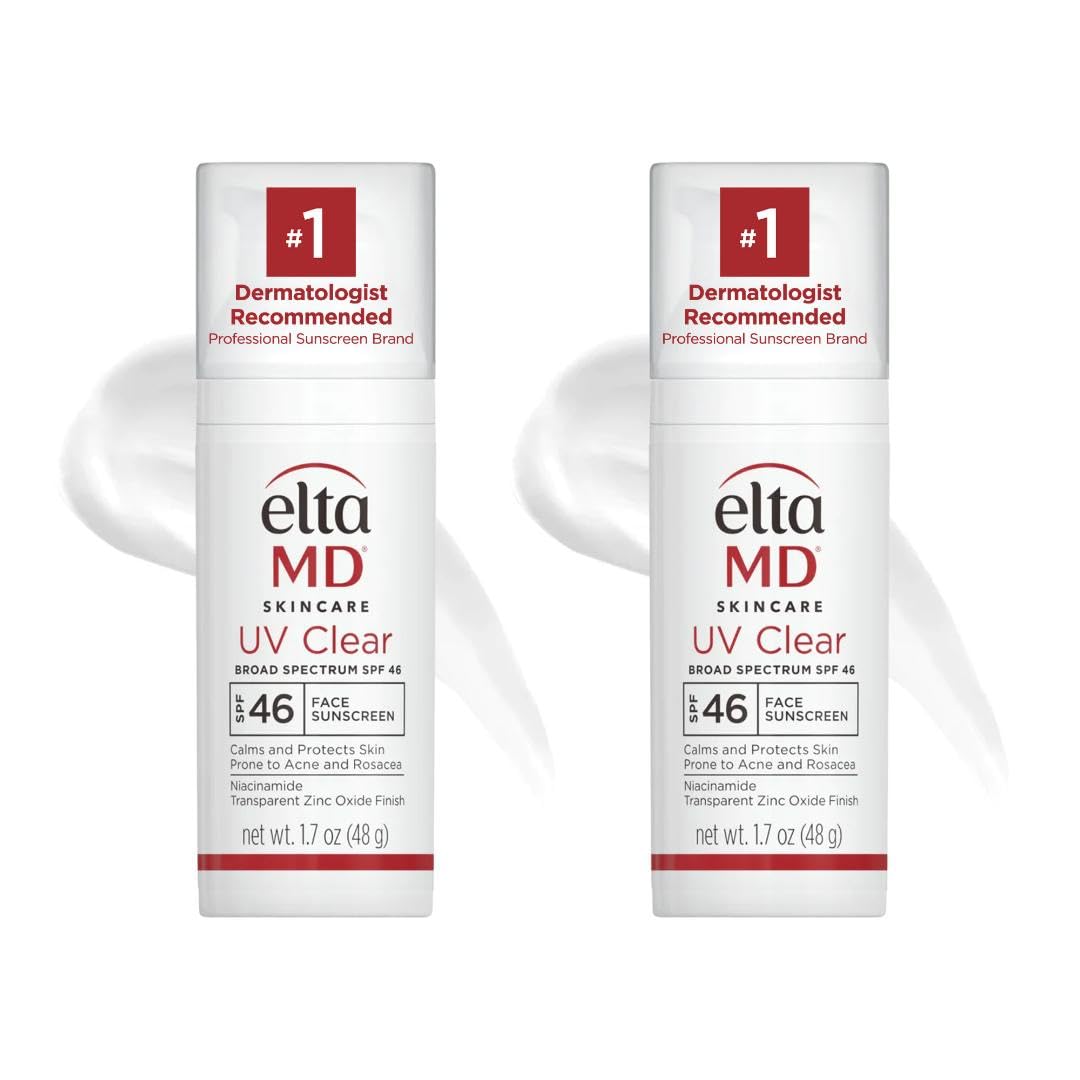 EltaMD UV Clear bottle front shows SPF 46 with a non-greasy finish.
