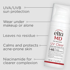 EltaMD UV Clear SPF 46 label close-up highlighting zinc oxide protection.