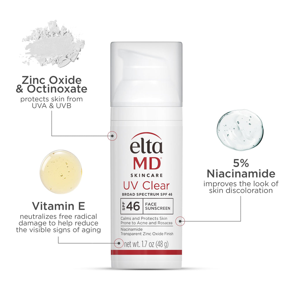 EltaMD UV Clear sunscreen on skin shows smooth absorption, no white cast.