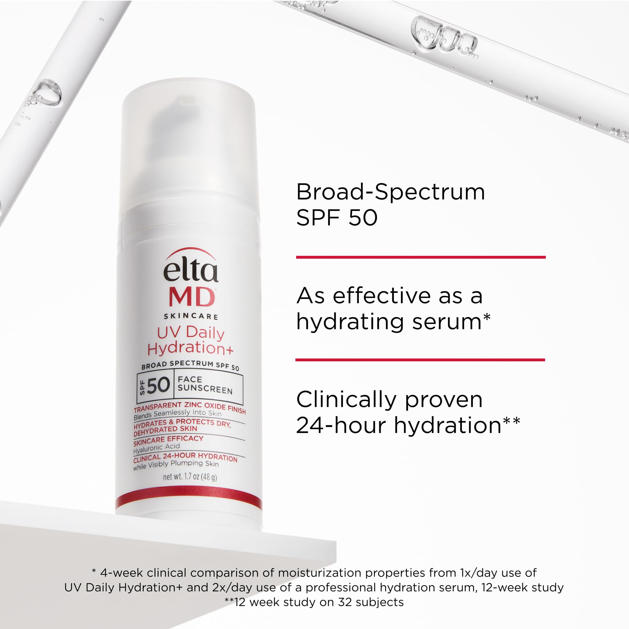 Hyaluronic acid label emphasizes moisture retention in EltaMD UV Daily Hydration+.