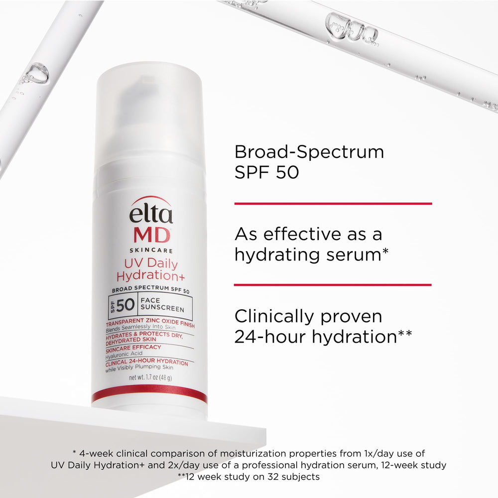 Hyaluronic acid label emphasizes moisture retention in EltaMD UV Daily Hydration+.