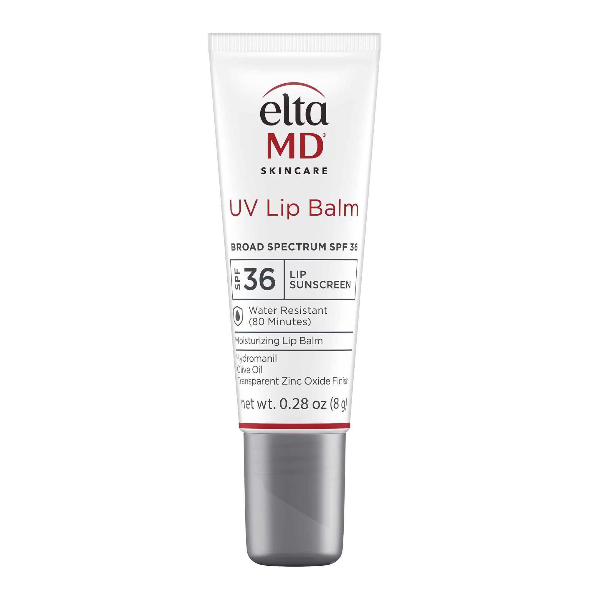 EltaMD UV Lip Balm SPF 30+ tube close-up shows zinc oxide protection