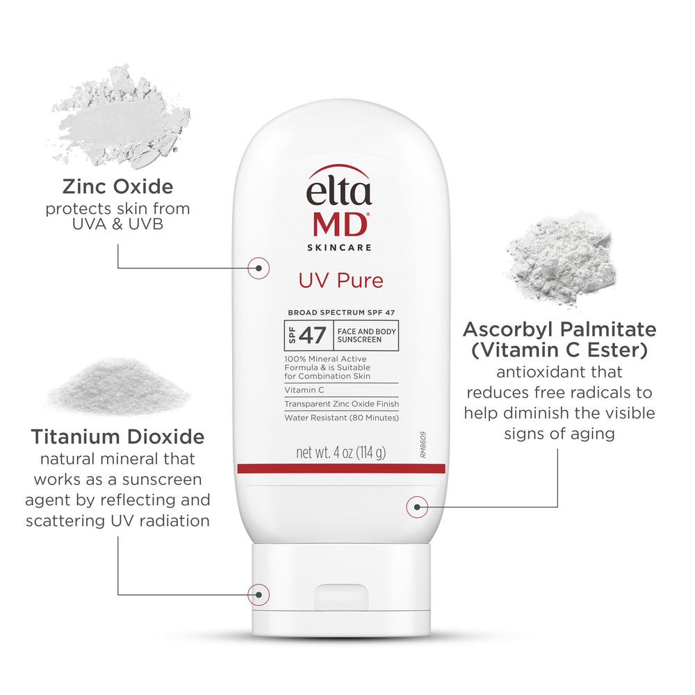 EltaMD UV Pure oil-free formula bottle for a clean, non-greasy feel.