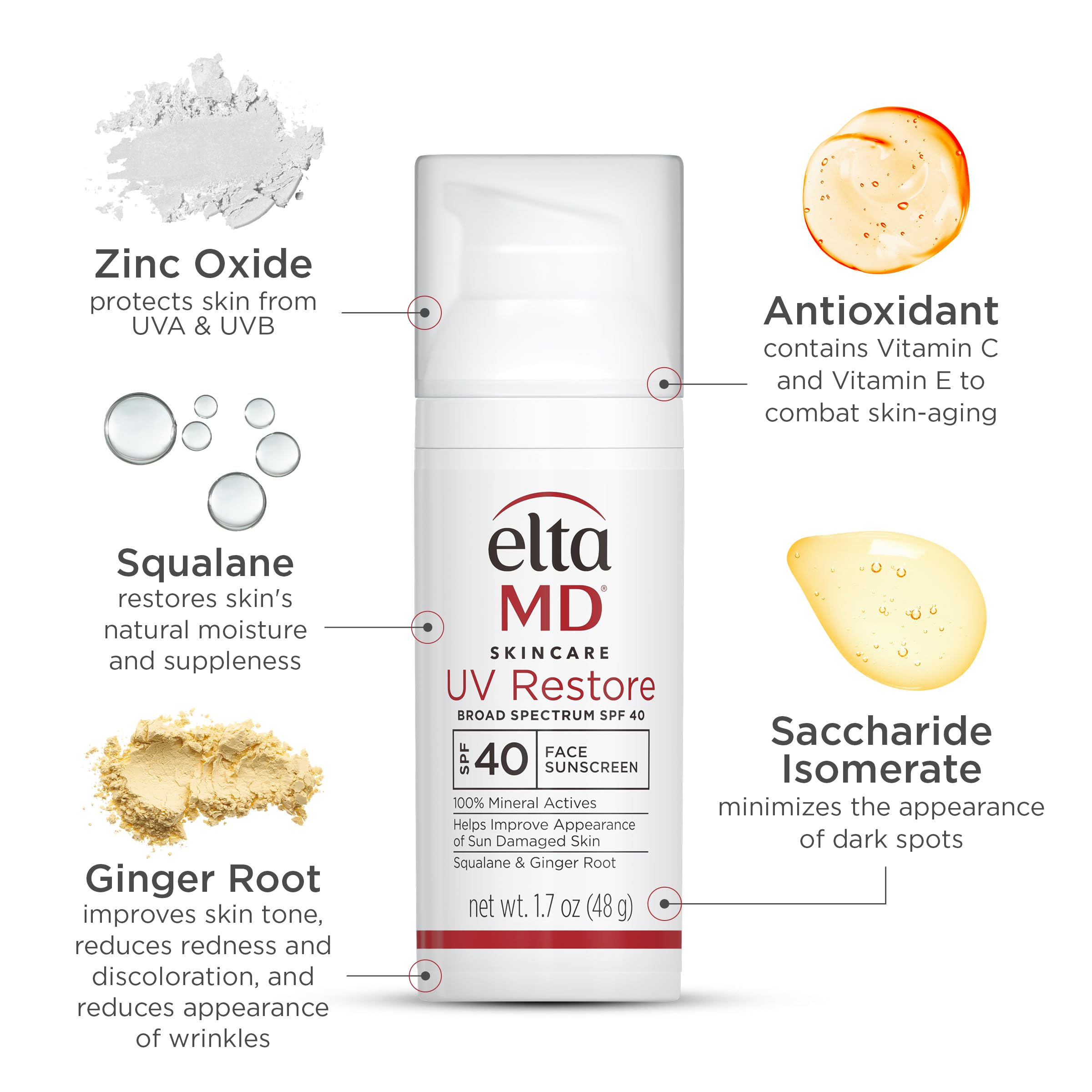EltaMD UV Restore label emphasizes fragrance-free and dye-free formula.