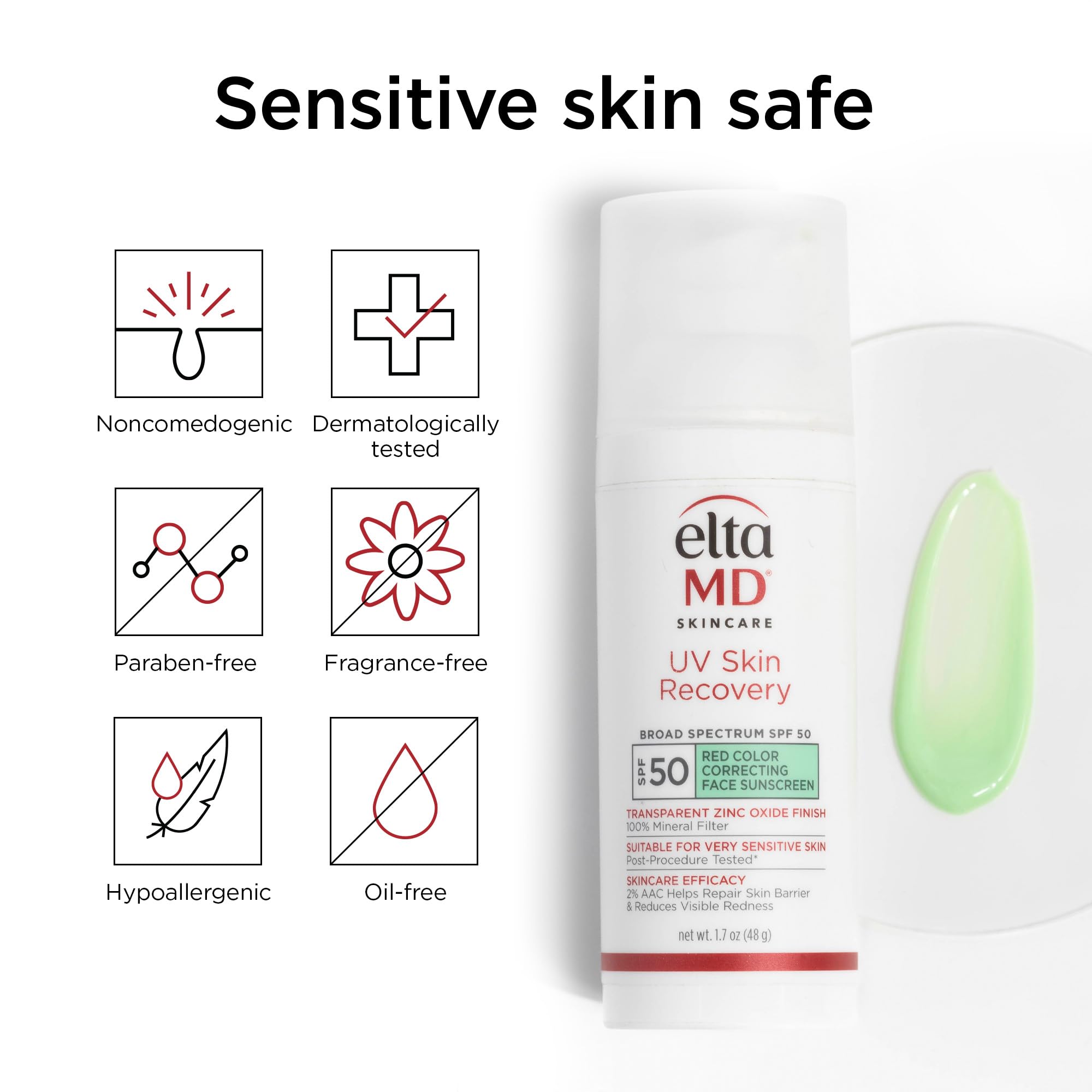 EltaMD UV Skin Recovery Green Tint bottle beside skincare lineup